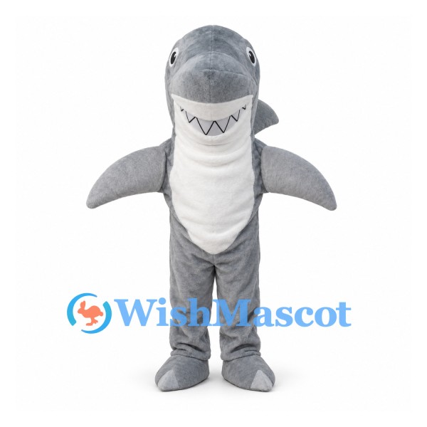 Shark Mascot Costume in Gray with White Belly and Sharp Teeth