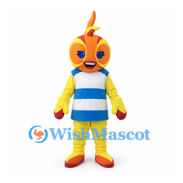 Bird Mascot Costume in Yellow with Blue Striped Shirt