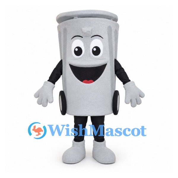 Trash Can Mascot Costume in Gray with Smiling Face