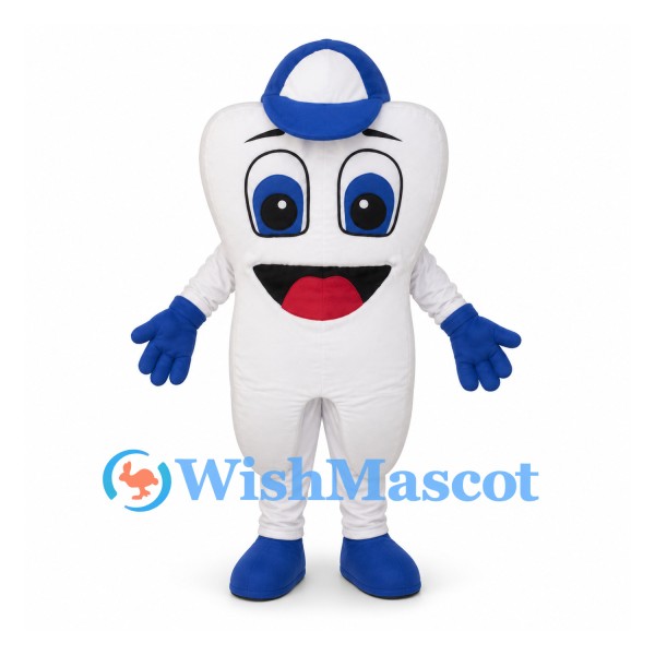 Tooth Mascot Costume with Blue Cap and Gloves