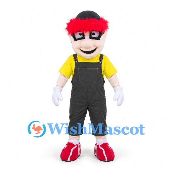 Clown Mascot Costume with Red Hair and Black Overalls
