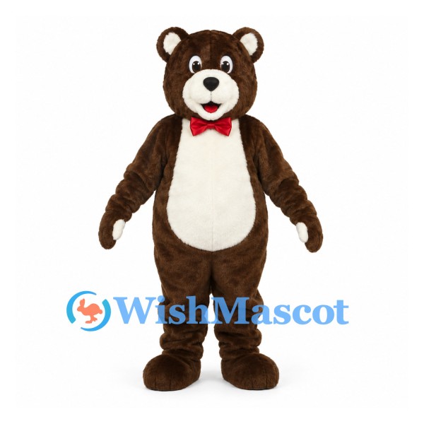 Bear Mascot Costume in Brown with White Belly and Red Bow