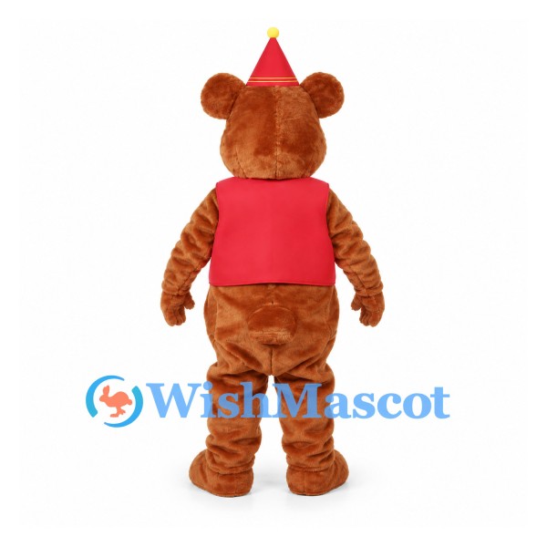 Bear Mascot Costume with Red Vest and Cone Hat