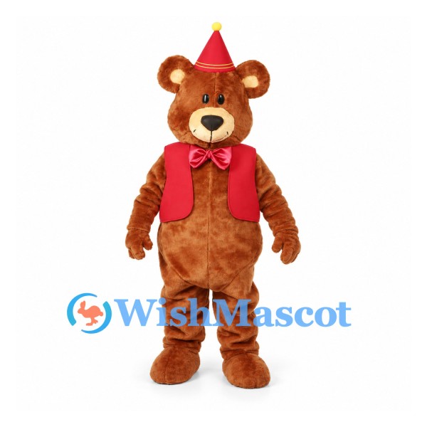 Bear Mascot Costume with Red Vest and Cone Hat