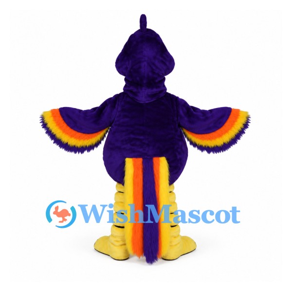 Parrot Mascot Costume in Purple with Rainbow Wing Trim