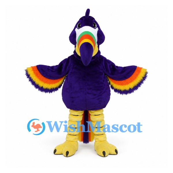 Parrot Mascot Costume in Purple with Rainbow Wing Trim