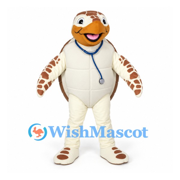 Sea Turtle Mascot Costume with Brown Shell and Blue Stethoscope