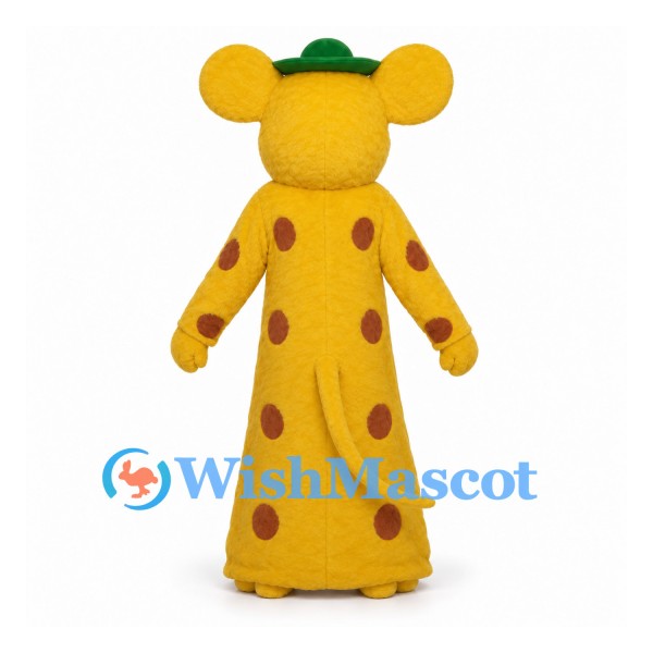 Mouse Mascot Costume with Yellow Spotted Dress and Green Hat