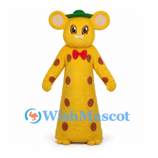 Mouse Mascot Costume with Yellow Spotted Dress and Green Hat