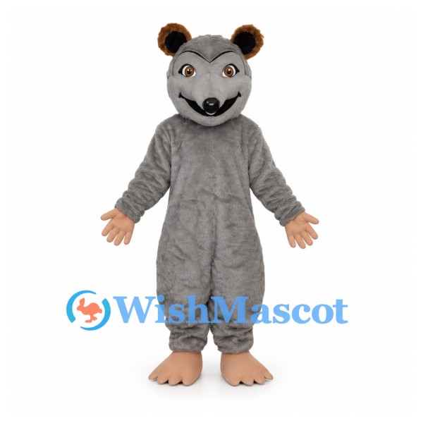 Mouse Mascot Costume in Gray with Long Pink Tail