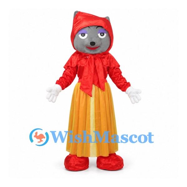 Wolf Mascot Costume with Red Hood and Yellow Skirt