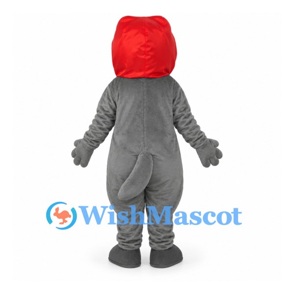Wolf Mascot Costume in Gray with Red Hood and Scarf
