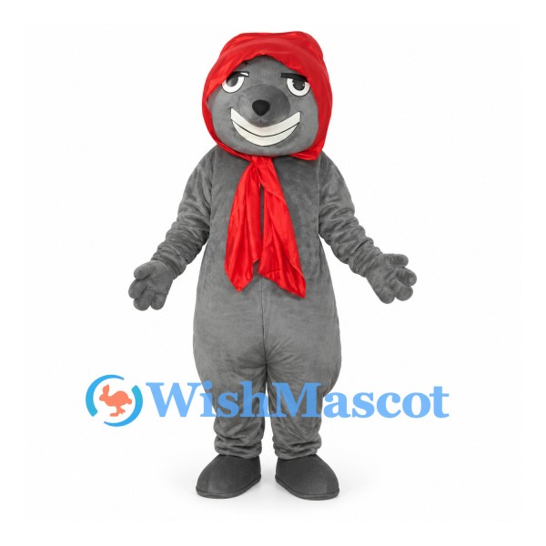 Wolf Mascot Costume in Gray with Red Hood and Scarf
