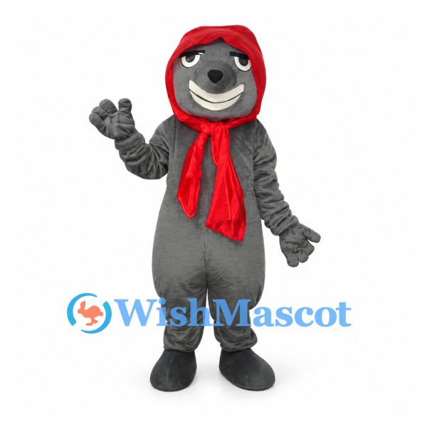 Wolf Mascot Costume with Red Hood and Gray Body