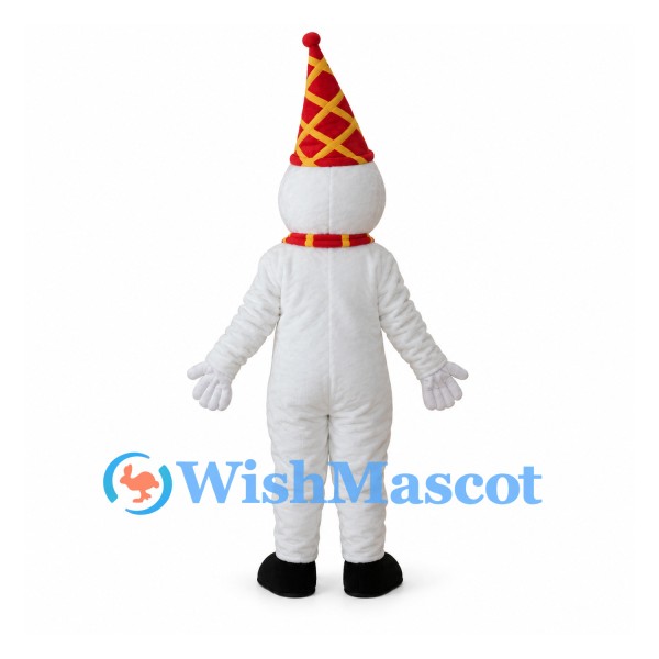 Snowman Mascot Costume with Red Yellow Cone Hat and Scarf