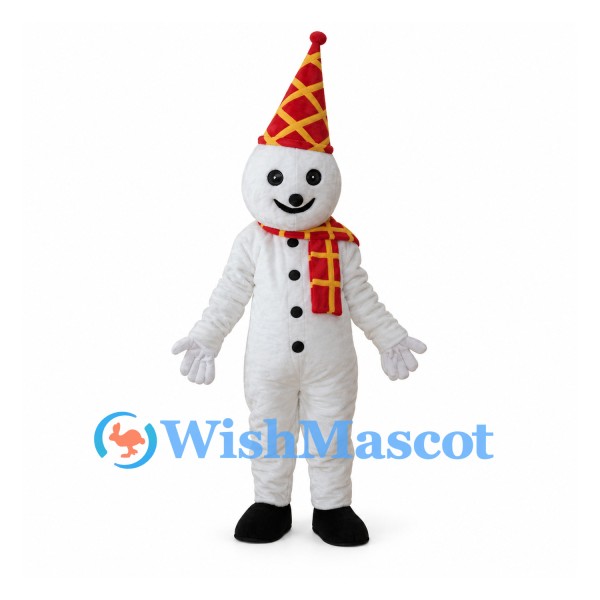 Snowman Mascot Costume with Red Yellow Cone Hat and Scarf