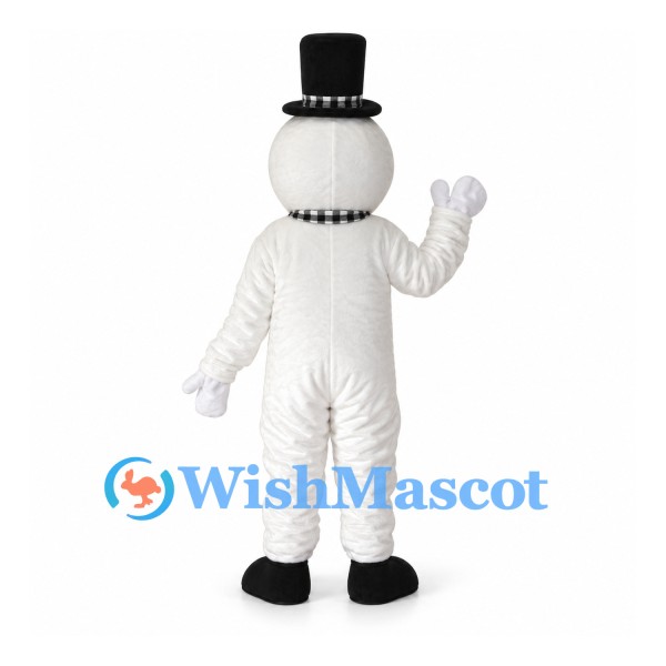 Snowman Mascot Costume with Black Top Hat and Checked Scarf