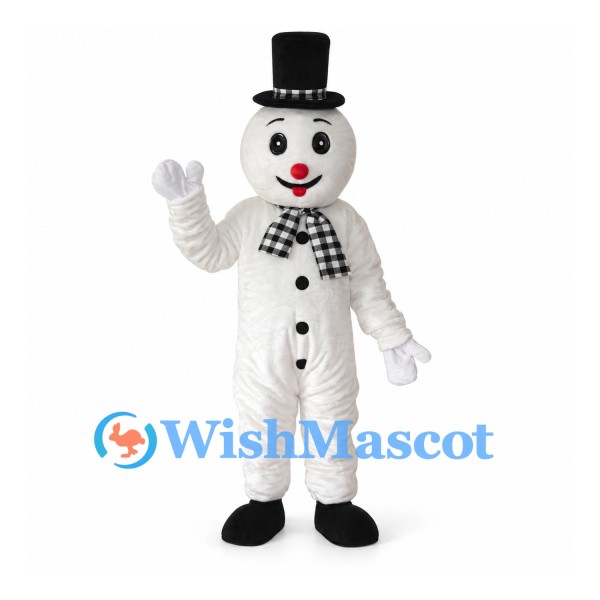 Snowman Mascot Costume with Black Top Hat and Checked Scarf