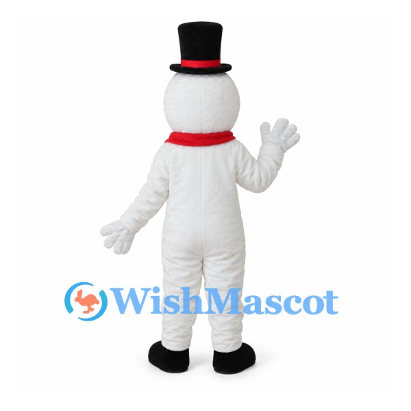 Snowman Mascot Costume with Black Top Hat and Red Scarf