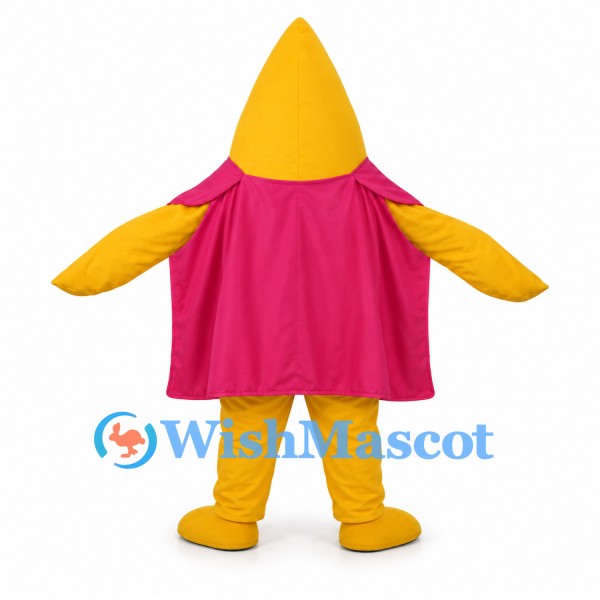 Raindrop Mascot Costume in Yellow with Pink Cape