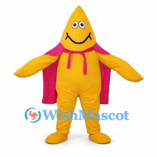 Raindrop Mascot Costume in Yellow with Pink Cape