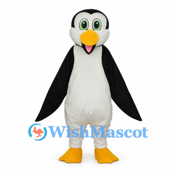Penguin Mascot Costume with Green Eyes and Yellow Bill