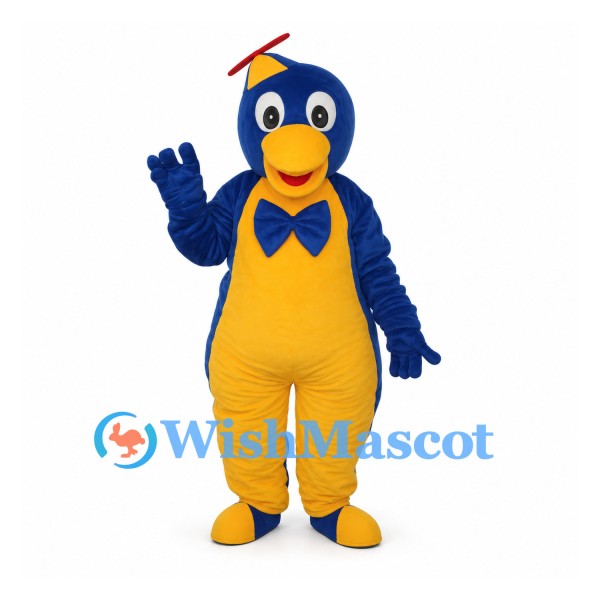 Penguin Mascot Costume in Blue and Yellow with Propeller Cap