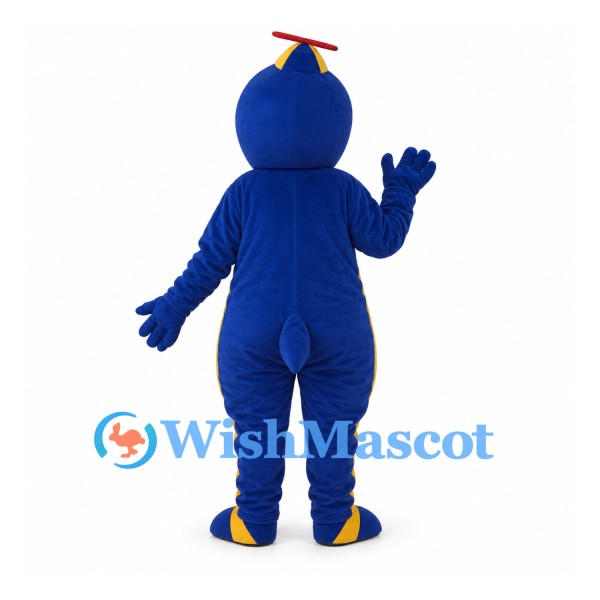 Penguin Mascot Costume in Blue with Yellow Belly and Propeller Cap