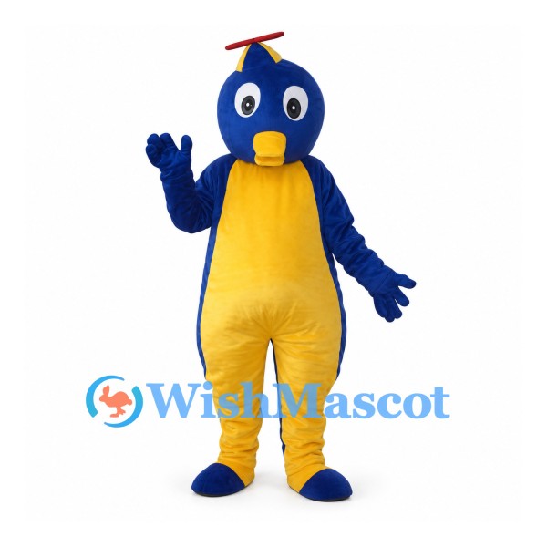 Penguin Mascot Costume in Blue with Yellow Belly and Propeller Cap