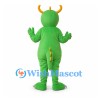 Dragon Mascot Costume in Green with Yellow Horns and Orange Belly