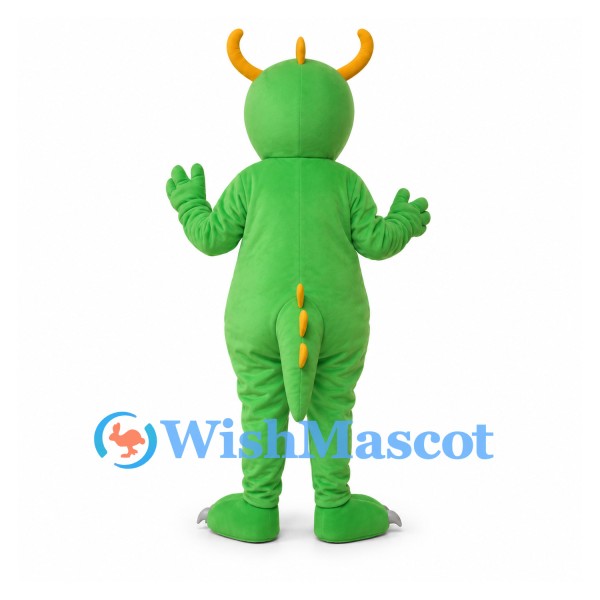 Dragon Mascot Costume in Green with Yellow Horns and Orange Belly