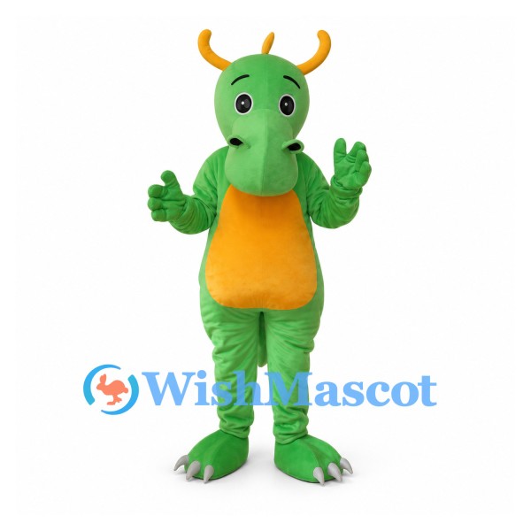 Dragon Mascot Costume in Green with Yellow Horns and Orange Belly