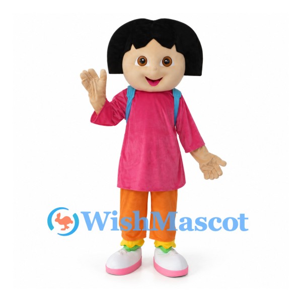 Girl Mascot Costume with Pink Tunic and Blue Backpack