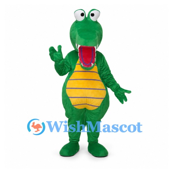 Crocodile Mascot Costume in Green with Yellow Belly and Long Tongue