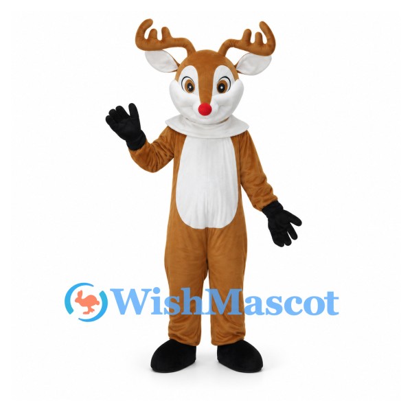Reindeer Mascot Costume in Brown with White Chest and Red Nose