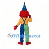 Clown Mascot Costume with Blue Cone Hat and Colorful Overalls