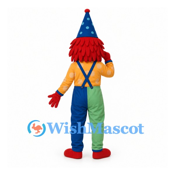 Clown Mascot Costume with Blue Cone Hat and Colorful Overalls