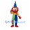 Clown Mascot Costume with Blue Cone Hat and Colorful Overalls
