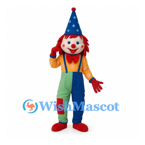Clown Mascot Costume with Blue Cone Hat and Colorful Overalls