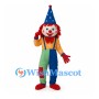 Clown Mascot Costume with Blue Cone Hat and Colorful Overalls