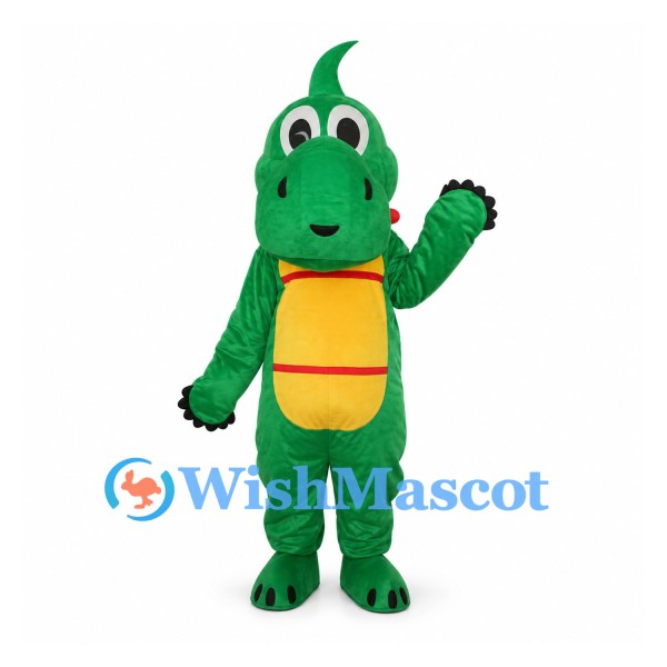Dinosaur Mascot Costume in Green with Yellow Belly and Red Spines