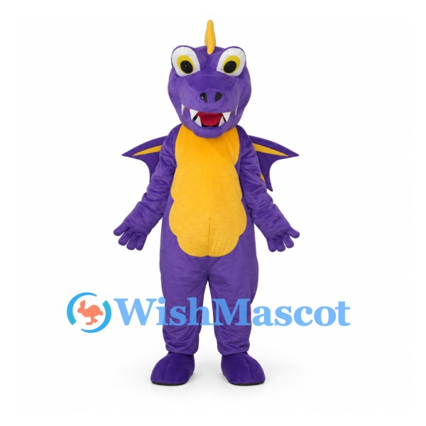 Dragon Mascot Costume in Purple with Yellow Belly and Wings