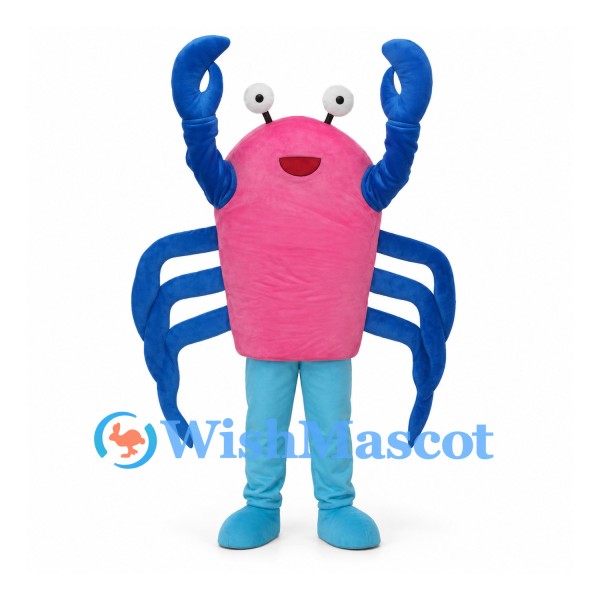 Crab Mascot Costume in Pink with Blue Claws and Legs