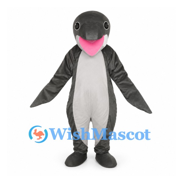 Dolphin Mascot Costume in Gray with White Belly and Pink Mouth