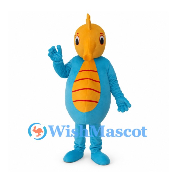 Seahorse Mascot Costume in Blue with Yellow Head and Belly