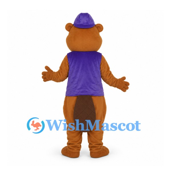 Bear Mascot Costume with Purple Vest and Cap