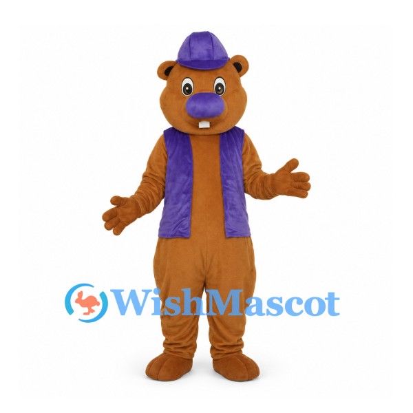 Bear Mascot Costume with Purple Vest and Cap
