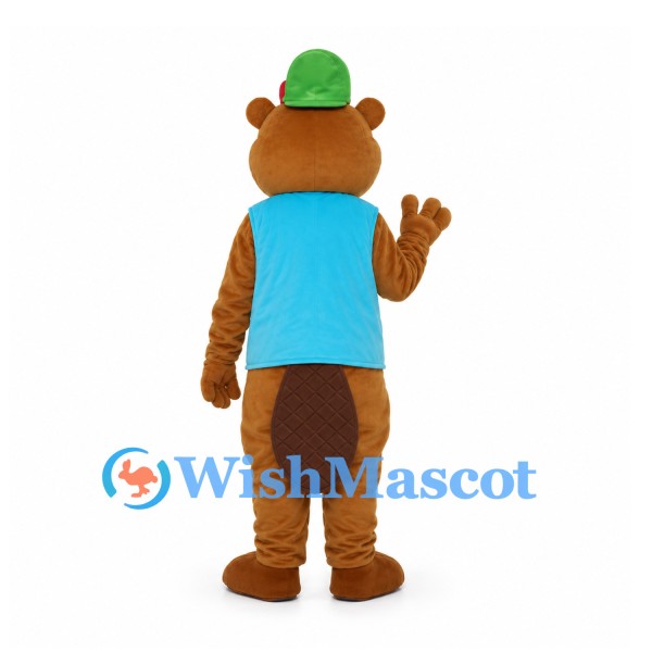 Bear Mascot Costume with Blue Vest and Green Cap