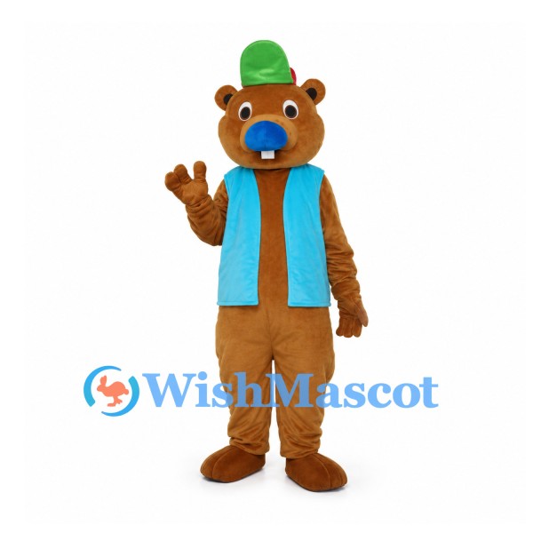Bear Mascot Costume with Blue Vest and Green Cap