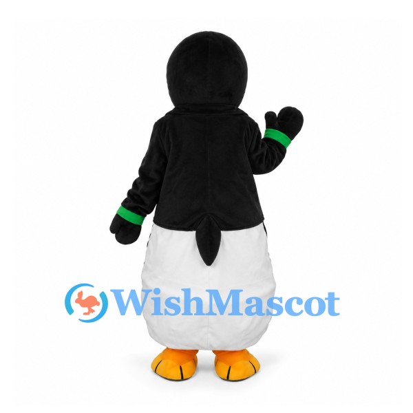 Penguin Mascot Costume with Black Jacket and Green Bow Tie